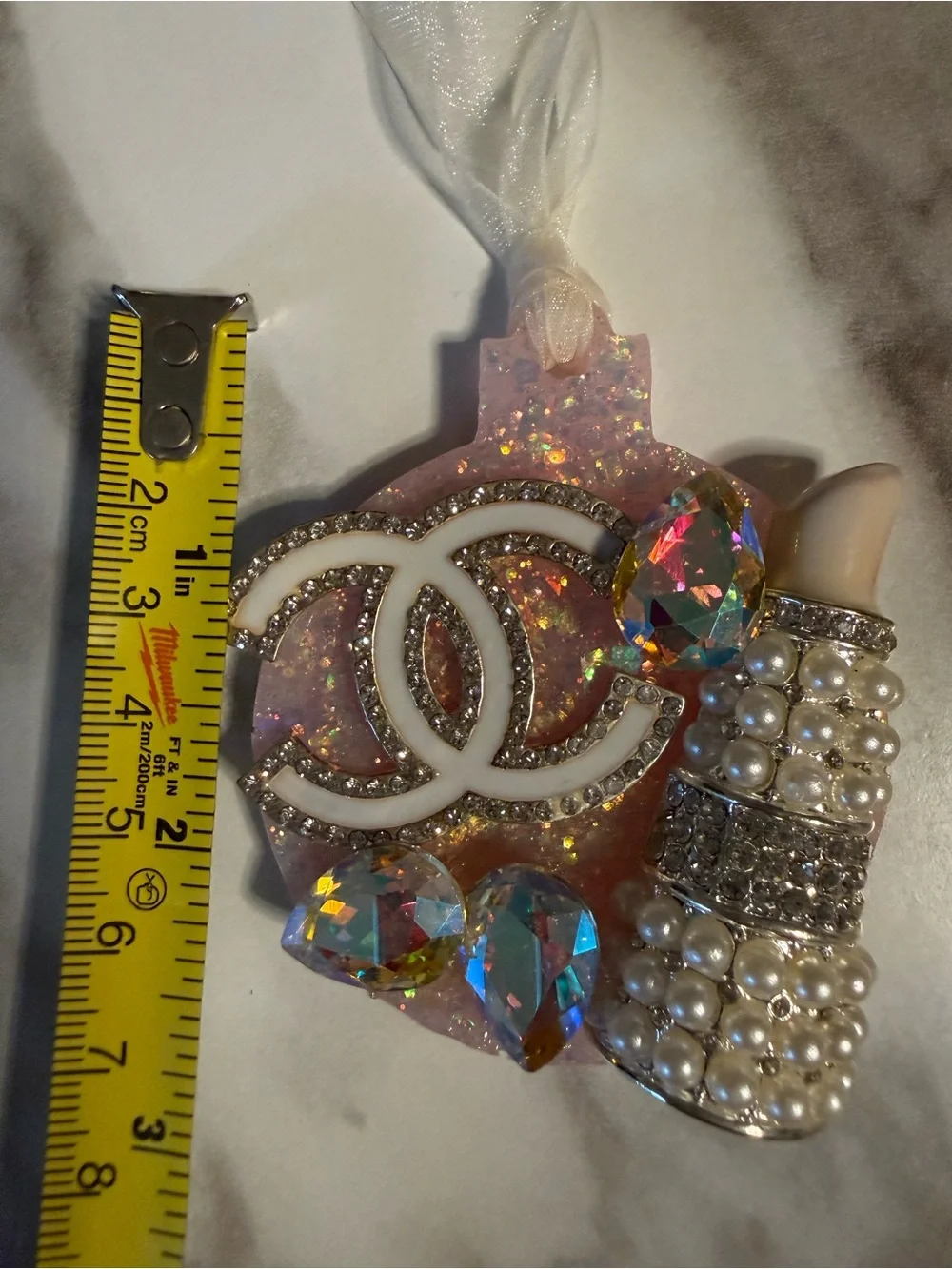 Ornament Rhinestone Pearl Crystal Gem Decor Handmade Pink Glam Hanging Decor
